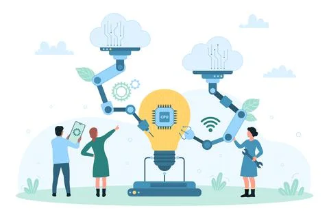 Project development, tiny people use machines to produce and develop creative Illustrazione stock