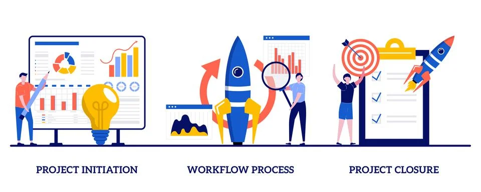 Project initiation and closure, workflow process concept with tiny people. .. Stock Illustration