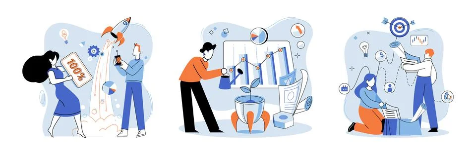 Project launch. Project launch management, puppeteer pulling strings behind 스톡 일러스트