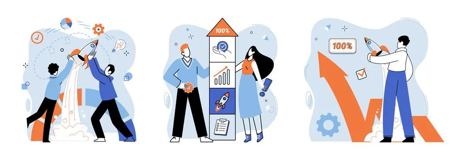 Project launch. Project launch management, compass directing course of project A Stock Illustration