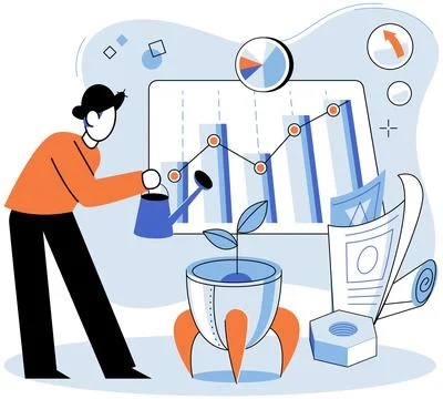 Project launch. Project launch management, puppeteer pulling strings behind Illustrazione stock