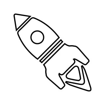 Project launch, space ship outline icon. Line art vector. Illustrazione stock