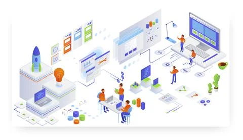 Project launch, teamwork. Innovative business project startup, vector isometric 库存插图