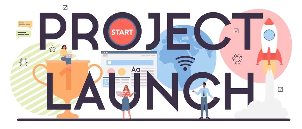 Project launch typographic header. Support and development Illustrazione stock