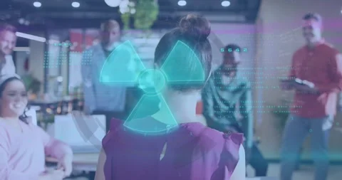 Project lead raising hand, activating transparent rotating hologram, guiding Stock Footage 318046192