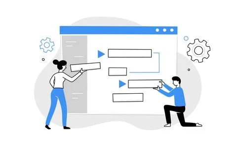 Project manage software work doodle line people. Business project, complete task Stock Illustration