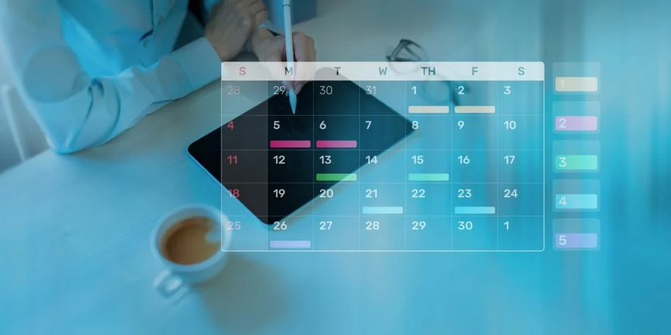 Project Management and Schedule Planning Displayed on a Digital Calendar Inte Stock Photos