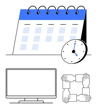 Project management and teamwork concept with calendar, clock, computer moni.. Stock Illustration