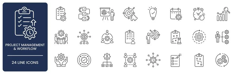 Project Management and Workflow Line Icon Set with Editable Stroke. Stock Illustration