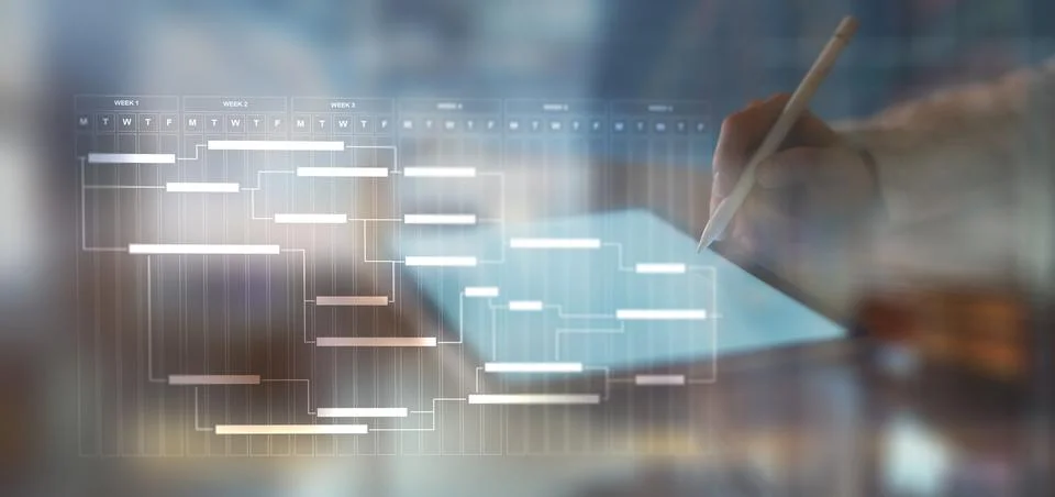 Project Management and Workflow Scheduling Illustrated on a Digital Gantt Cha Fotos Stock