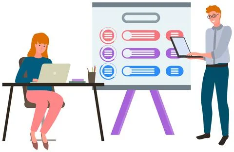 Project management basics, employees work with technology. Social trends and Stock Illustration