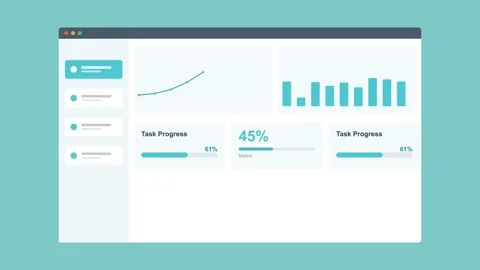 Project management dashboard in browser with charts and progress, teal Vídeos de archivo 342593922