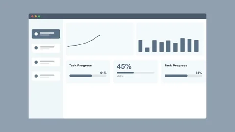 Project management dashboard in browser with charts and progress, slate gray Stock Footage 342593927