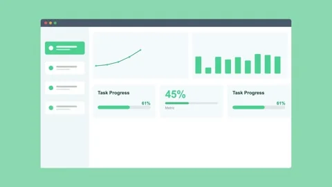Project management dashboard in browser with charts and progress, mint green 動画素材 342593938