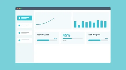 Project management dashboard in browser with charts and progress, aqua Video stock 342593961