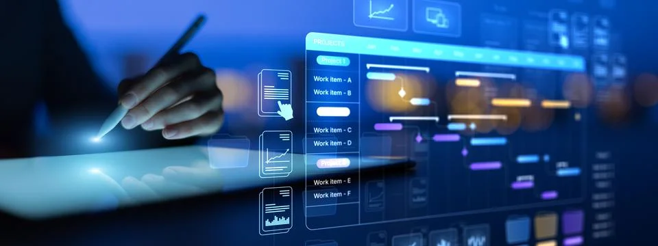 Project Management Dashboard with Digital Interface and Hand Interaction Stock Photos