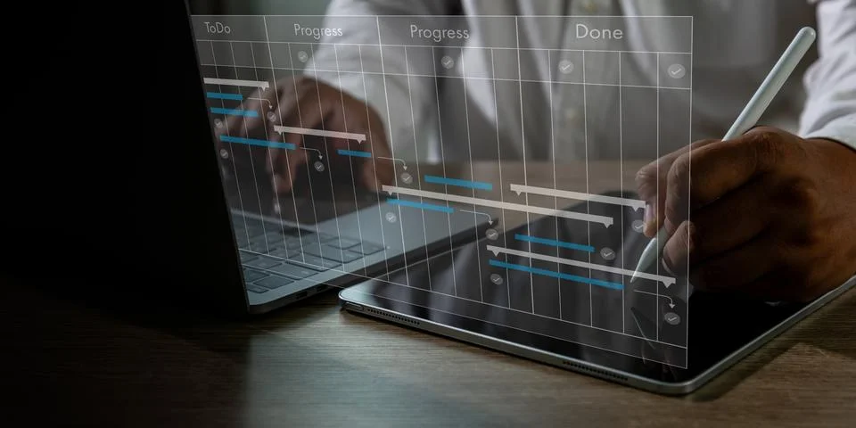 A project management dashboard Project planning workflow timeline to do, re.. Stock Photos