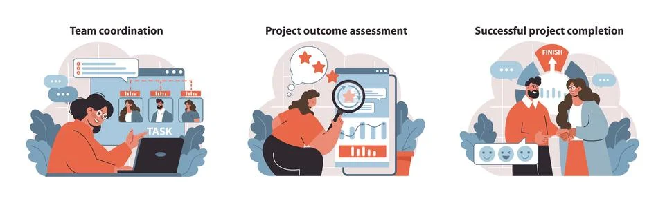 Project Management dynamics. Coordinating teams, assessing outcomes Stock Illustration