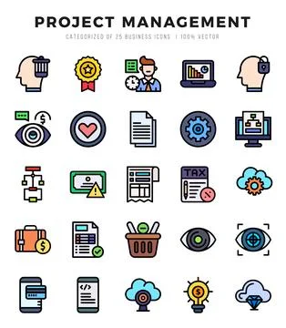 Project Management elements. Lineal Color web icon set. Simple vector illus.. Stock Illustration