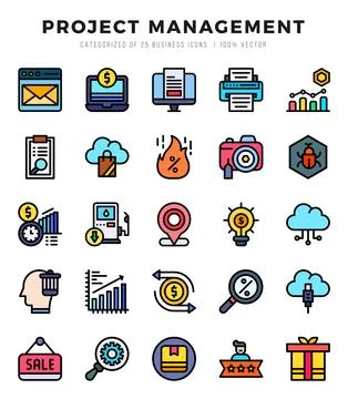 Project Management elements. Lineal Color web icon set. Simple vector illus.. Stock Illustration