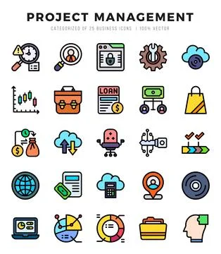Project Management elements. Lineal Color web icon set. Simple vector illus.. Stock Illustration