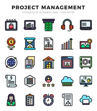Project Management elements. Lineal Color web icon set. Simple vector illus.. Stock Illustration