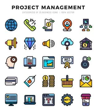Project Management elements. Lineal Color web icon set. Simple vector illus.. Stock Illustration