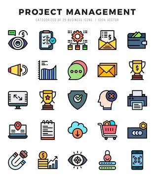 Project Management elements. Lineal Color web icon set. Simple vector illus.. Stock Illustration