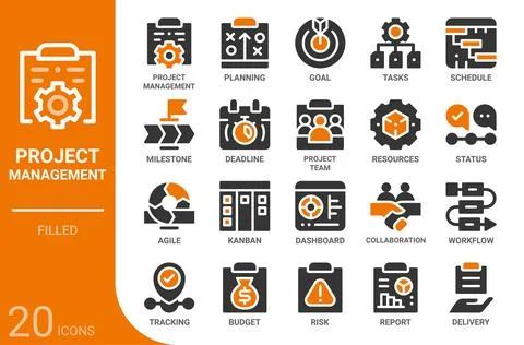 Project management filled glyph icon set,20 vector icons Stock Illustration