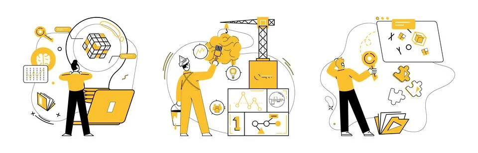 Project management. Highlights planning, construction, and analysis phases wi Stockillustratie