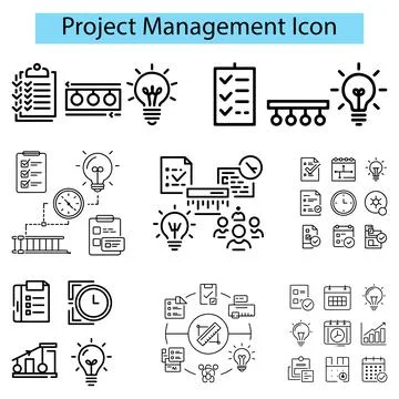 Project management icon set vector, checklist, timeline icon, idea bulb vector Stock Illustration