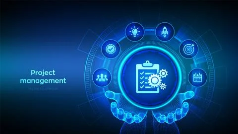 Project management icon in wireframe hands. Effective time planning technolog Stock Illustration