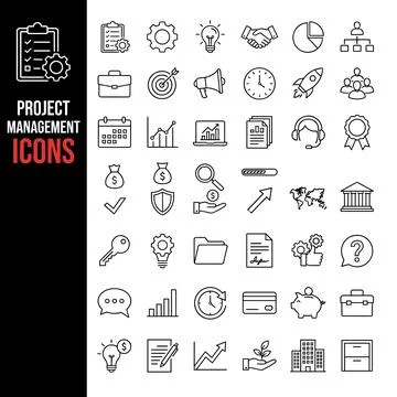Project management icons collection with checklist, gear, lightbulb, handsh.. Stock Illustration
