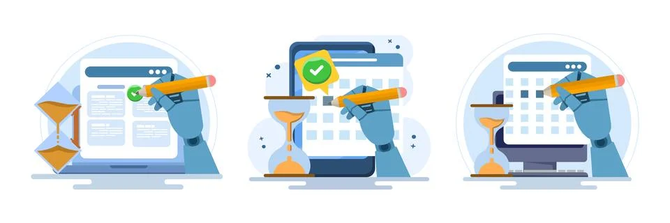Project management illustration set featuring team collaboration Stock Illustration
