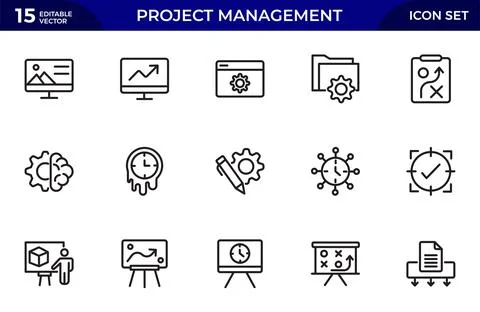 Project Management Line Icon Set. contains such icons as Project Plan, Time.. Illustrazione stock