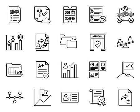 Project management line icon set quality assurance workflow evaluation vector Stock Illustration