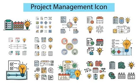 Project management line icon vector, checklist icon, timeline icon, idea bulb Stock Illustration