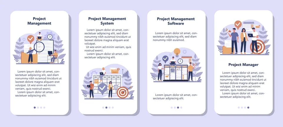 Project management mobile application banner set. Successful 스톡 일러스트