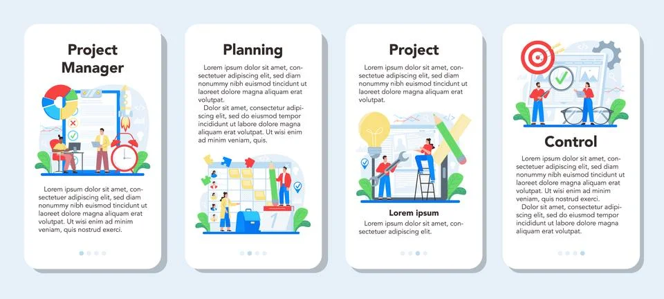 Project management mobile application banner set. Successful strategy 스톡 일러스트