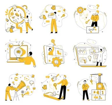 Project management. Multiple characters engaging in brainstorming, data analy Illustrazione stock