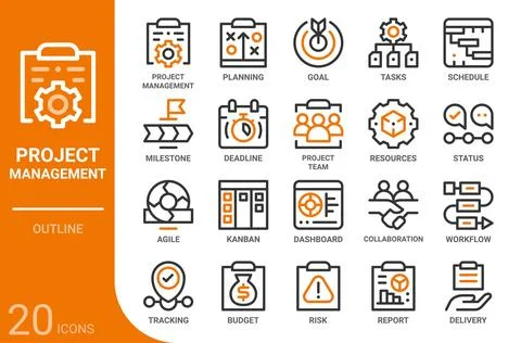 Project management outline icon set,20 vector icons Stock Illustration