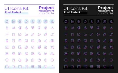 Project management pixel perfect gradient ui icons kit for dark, light mode Stock Illustration
