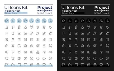 Project management pixel perfect linear ui icons kit for dark, light mode Illustrazione stock