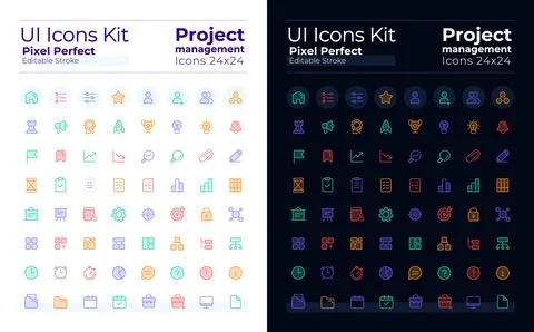 Project management pixel perfect ui icons set for dark, light mode Illustrazione stock