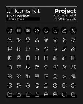 Project management pixel perfect white linear ui icons kit for dark theme Stock Illustration