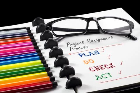 Project Management Process text on white sketchbook with color pen and eye glass Foto stock