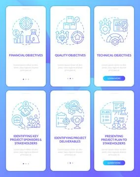 Project management processes blue gradient onboarding mobile app screens set Illustrazione stock