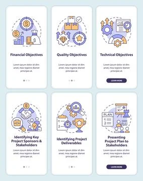 Project management processes onboarding mobile app screens set イラスト素材