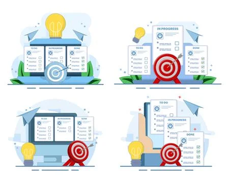 Project management set, laptop workflow, Kanban task board, strategy planning. Stock Illustration