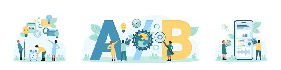 Project management set, tiny people make best choice, choose between A and B Stock Illustration